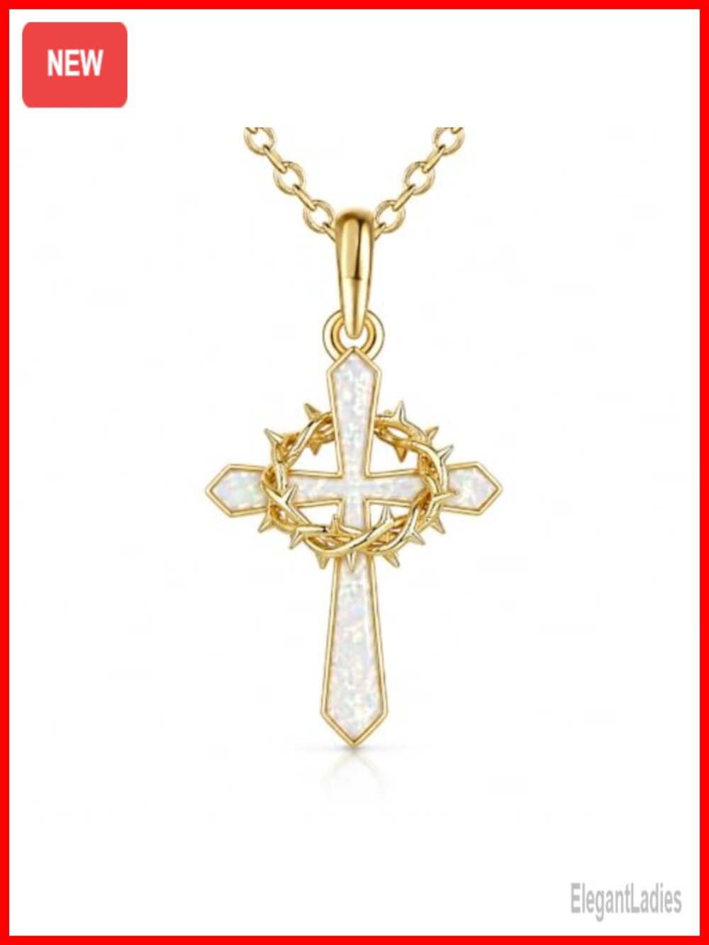 14K Gold Plated Opal Crown of Thorns Cross Pendant Necklace Faith Jewelry